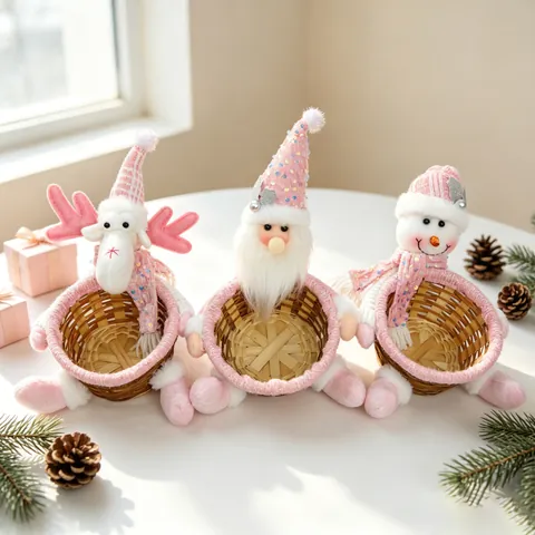 Pink Sequin Christmas Storage Basket Set Handmade Bamboo Woven Candy Basket Santa Snowman Reindeer Desktop Festive Decor