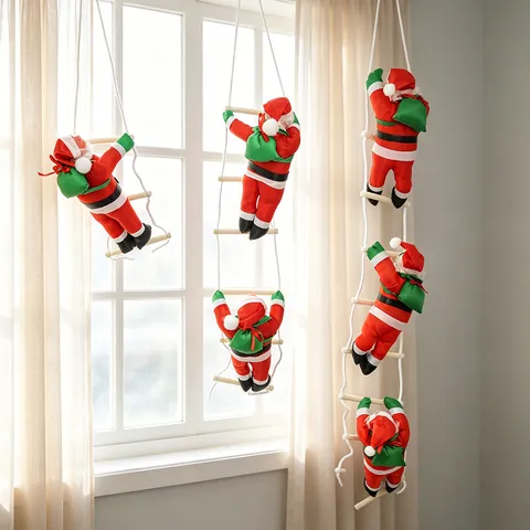 Climbing Santa Claus On Rope Ladder Christmas Hanging Decoration Cloth Fabric Holiday Party Indoor Outdoor Home Decor Red