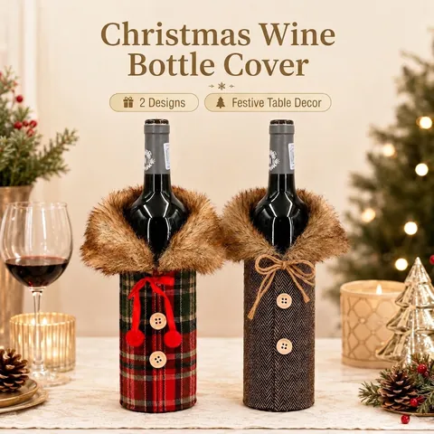 Christmas Wine Bottle Cover Faux Fur Collar Red Plaid Herringbone Patterns Xmas Holiday Table Party Decor Gift Accessory
