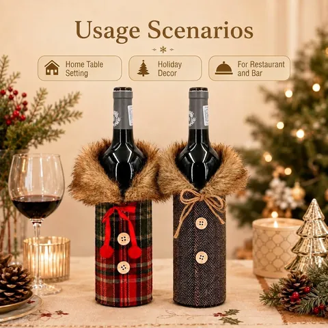 Christmas Wine Bottle Cover Faux Fur Collar Red Plaid Herringbone Patterns Xmas Holiday Table Party Decor Gift Accessory