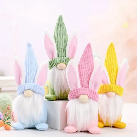 Nordic Easter Bunny Ear Gnome Figurine Knitted Long Beard Plush Scandinavian Tomte Rabbit Tabletop Decoration Ornament