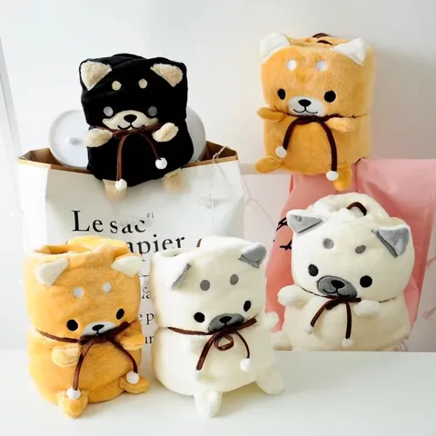 Cartoon Animal Dog Cat Foldable Travel Blanket Soft Flannel Plush Toy Throw Blanket For Kids Adults Summer Air Conditioning Portable Office Nap Cute Design