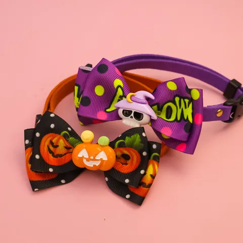 Adjustable Halloween Pet Bow Tie Collar With Festive Pumpkin Ghost Skull Charms Gold Bell Polyester Ribbon Necklaces For Dogs Cats Holiday Party Decoration