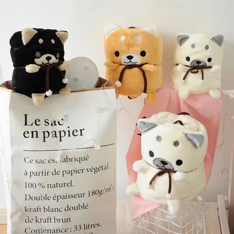 Cartoon Animal Dog Cat Foldable Travel Blanket Soft Flannel Plush Toy Throw Blanket For Kids Adults Summer Air Conditioning Portable Office Nap Cute Design