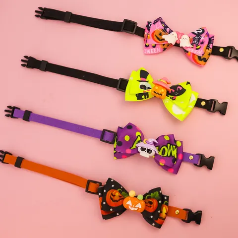 Adjustable Halloween Pet Bow Tie Collar With Festive Pumpkin Ghost Skull Charms Gold Bell Polyester Ribbon Necklaces For Dogs Cats Holiday Party Decoration