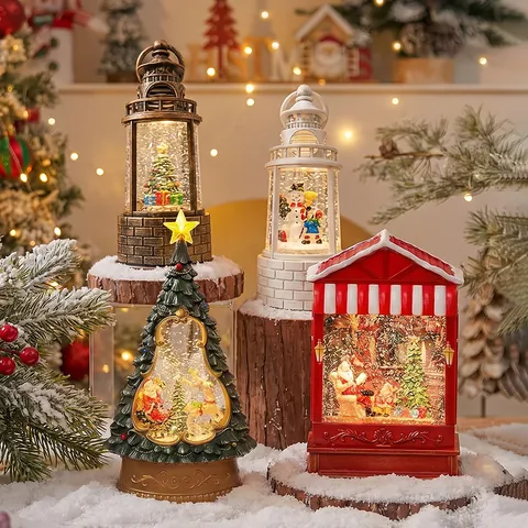 Vintage Weihnachten Schneekugel Spieluhr Mit LED Licht Musik Schneien Laterne Retro Harz Weihnachtsmann Schneemann Tannenbaum Ornament Dekoration
