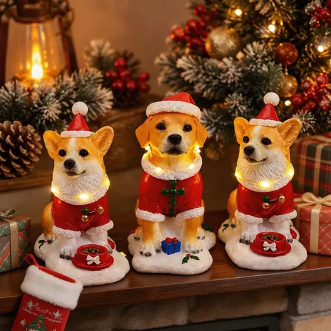 Luminous Christmas Dog Resin Ornament Corgi Golden Retriever Figure With LED Lights Music For Holiday Home Desktop Decor