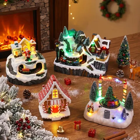 Christmas Light-up Musical Snow House Resin Ornament LED Rotating Music Box Tabletop Decoration Night Light Holiday Gift