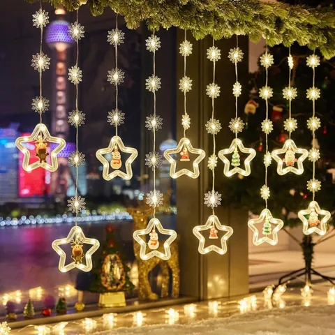 Weihnachten LED Vorhang Lichterkette Schneeflocke Stern Baum Lichterkette Fernbedienung USB Batteriebetrieben Hängende Dekoration Warmweiß Mehrfarbig