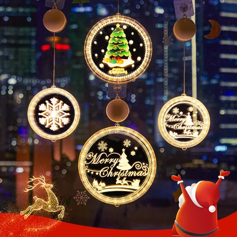 LED Christmas Window Hanging Light Suction Cup Battery Operated Acrylic 3D Laser Engraved Lamp For Shop Home Holiday Decor