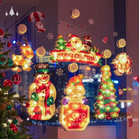 LED Christmas Window Lights Santa Claus Snowman Reindeer Suction Cup Hanging Lamp Battery Operated Holiday Party Decoration