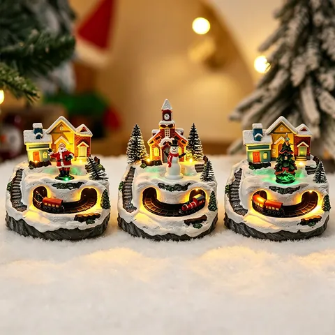 Glowing Rotating Christmas Train Ornament Snow Scene Music Box With LED Lights Santa Claus Village For Xmas Desktop Decoration