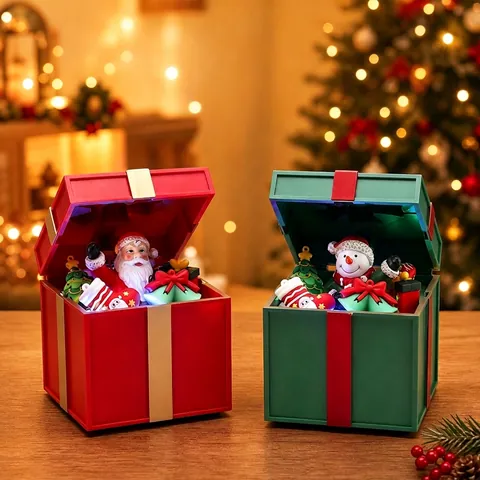 Christmas Musical LED Gift Box Santa Claus Snowman Glowing Ornament Festive Window Display Decoration Desktop Holiday Gift
