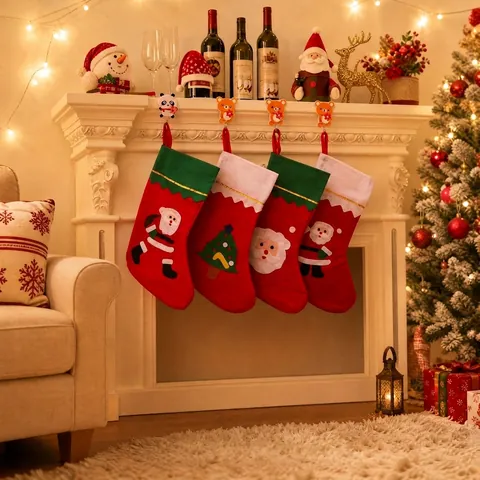 Grande Chaussette de Noël Sac Cadeau Applique 3D Père Noël Bonhomme de Neige Pendentif Sapin de Noël Décoration Suspendue pour Cheminée Ornement de Fête