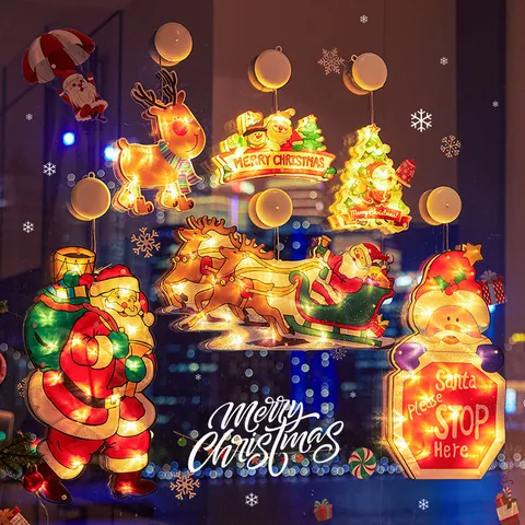 LED Christmas Window Lights Santa Claus Snowman Reindeer Suction Cup Hanging Lamp Battery Operated Holiday Party Decoration