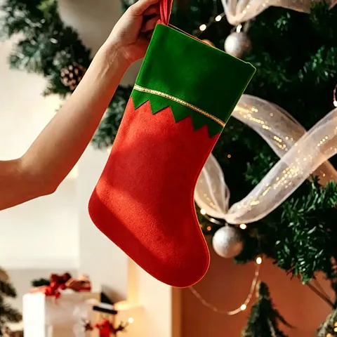 Large Christmas Stocking Gift Bag With Gold Trim Red White Green Decoration Socks Hanging Ornament For Fireplace Party Decor
