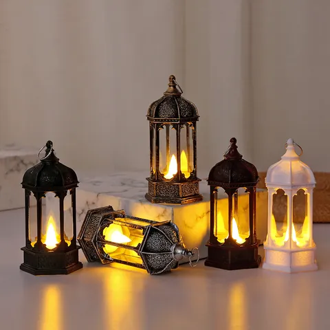 Retro Hexagonal LED Electronic Candle Lantern Vintage Hanging Lamp For Christmas Halloween Desktop Ornament Decoration