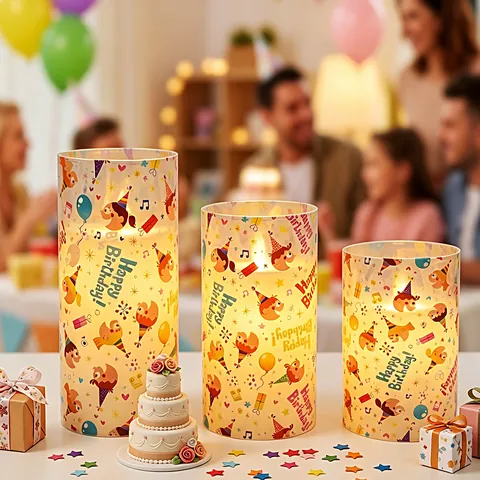 UV Printed Happy Birthday LED Electronic Candle Flameless Flickering Plastic Pillar Light For Party Home Decoration