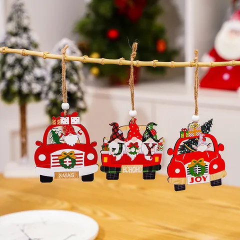 Christmas Wooden Car Ornaments Gnome Faceless Doll Xmas Tree Hanging Decorations Retro Truck Wood Pendants For Holiday Decor