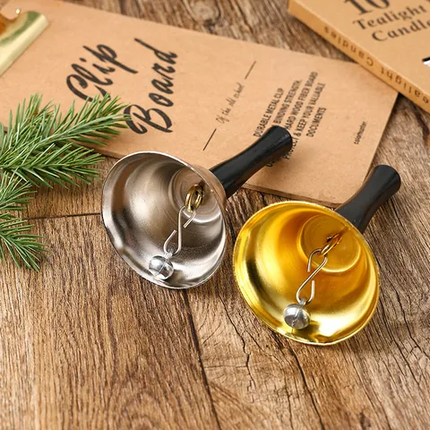Christmas Santa Handbell Metal Call Bell With Wood Handle Gold Silver Festive Decorative Hand Bell For Party Restaurant