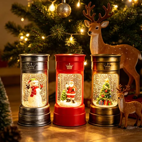 Lanterne à Eau Boule de Neige de Noël LED Ornement Baril de Pétrole Père Noël Bonhomme de Neige Sapin Paillettes