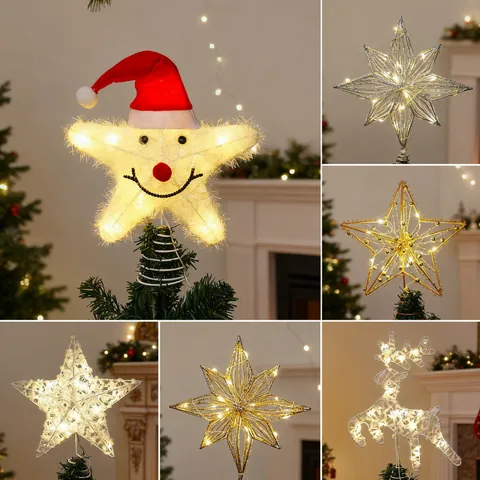 Cima de Árbol de Navidad Estrella Hierro LED Luminoso Brillo Oro Plata Reno Muñeco de Nieve Adornos Decoración Festiva Hogar Accesorios