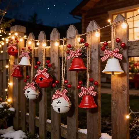 Christmas Tree Hanging Bell Ornaments Red White Plaid Bow Red Berry Pine Needle Decoration Rustic Hemp Rope Metal Bells For Holiday Party Decor