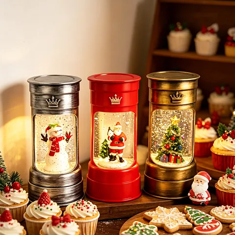 Lanterne à Eau Boule de Neige de Noël LED Ornement Baril de Pétrole Père Noël Bonhomme de Neige Sapin Paillettes
