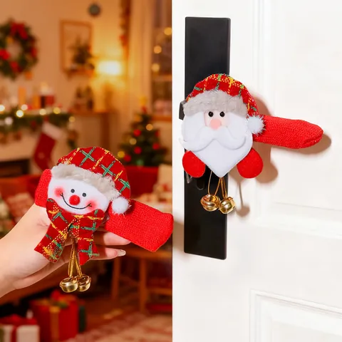 Christmas Door Handle Covers Cartoon Santa Snowman Bell Anti-Static Protective Sleeves Home Room Decor