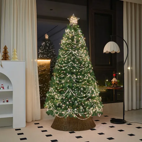 2025 New Artificial Christmas Tree With LED Warm Lights Gold Bows Pearl Chain Star Topper Large Home Living Room Holiday DIY Decoration