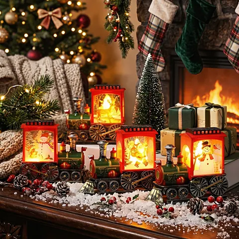 Christmas LED Train Night Light Vintage Electronic Candle Lamp Santa Claus Reindeer Snowman Pattern Holiday Party Table Decor