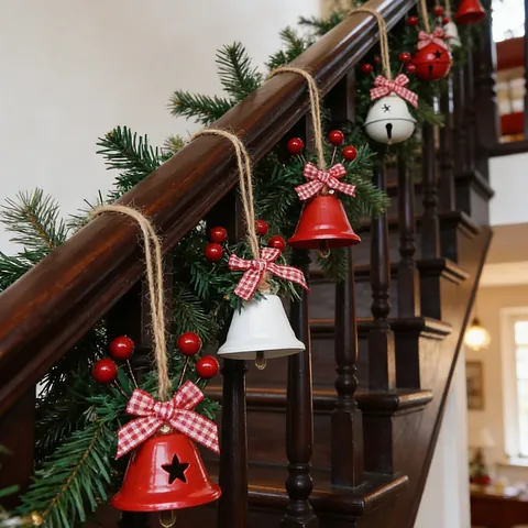 Christmas Tree Hanging Bell Ornaments Red White Plaid Bow Red Berry Pine Needle Decoration Rustic Hemp Rope Metal Bells For Holiday Party Decor
