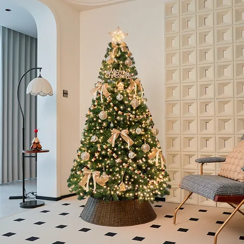 Dreamy Gold Brown Christmas Tree Decoration Set With LED Lights Bows Star Topper Artificial Xmas Tree For Home Store Party Decor