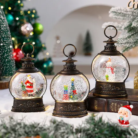 Christmas Lantern Glitter Water Globe LED Light Retro Bronze Santa Snowman Decorative Musical Holiday Lamp Tabletop
