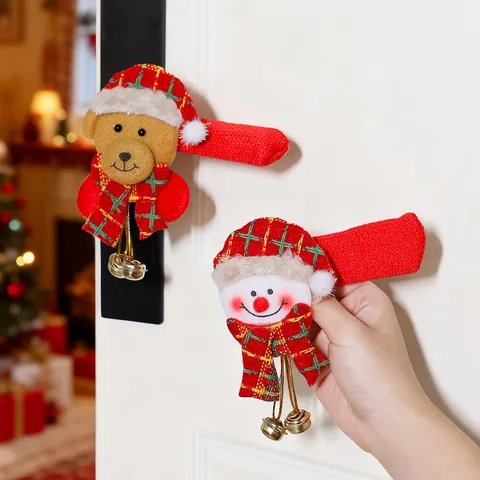 Christmas Door Handle Covers Cartoon Santa Snowman Bell Anti-Static Protective Sleeves Home Room Decor