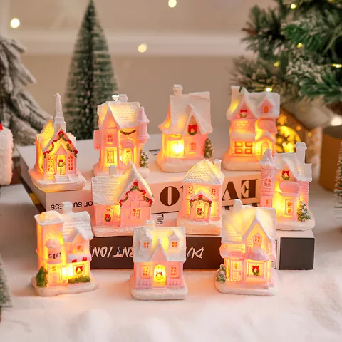 LED Light Christmas Miniature Resin House Pink White Snow Village Building Desktop Ornaments Xmas Holiday Decor Gift