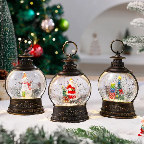Christmas Lantern Glitter Water Globe LED Light Retro Bronze Santa Snowman Decorative Musical Holiday Lamp Tabletop
