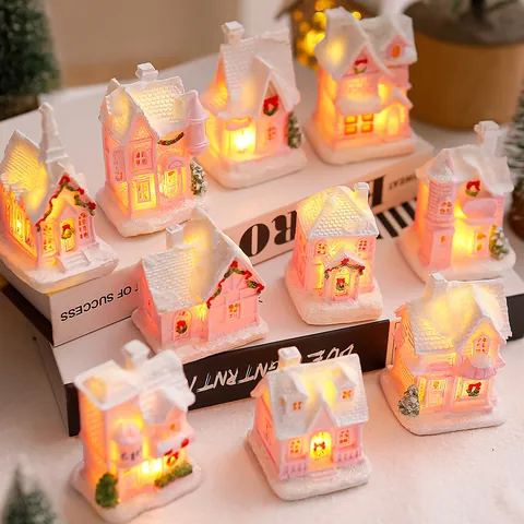 LED Light Christmas Miniature Resin House Pink White Snow Village Building Desktop Ornaments Xmas Holiday Decor Gift