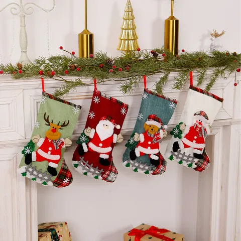 Grote Kerstsok Cadeautas Polyester Linnen Textuur Kerstman Sneeuwpop Rendier Beer Kerstboom Hangende Decoratie