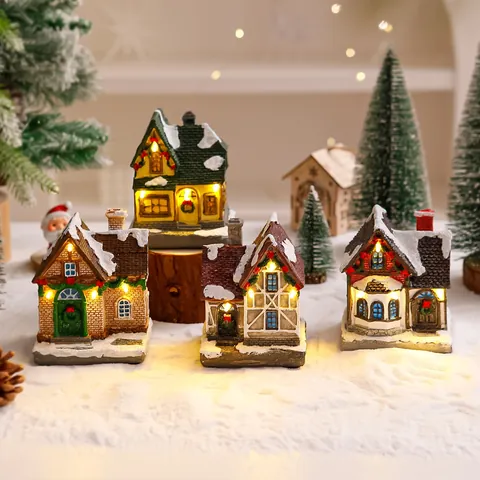 Lichtgevend Kerst Hars Huis Ornament LED Warm Licht Besneeuwd Miniatuurhuis Voor Vakantie Dorp Tafeldecoratie