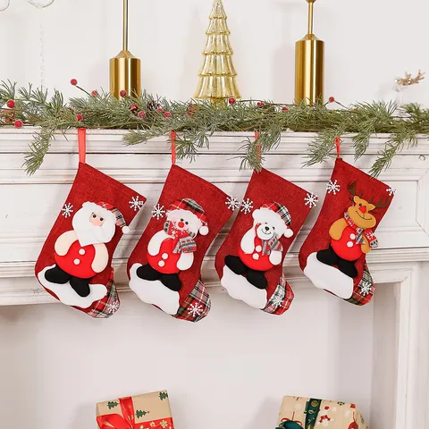 Calcetín de Navidad de Tela de Poliéster Aplique Papá Noel Muñeco de Nieve Reno Oso Cuadros Adorno Colgante Bolsa de Regalo