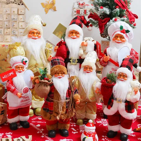 Standing Santa Claus Doll Figurine Christmas Ornament Plaid Suit Gold Gift Bag Backpack Santa Decoration For Home Party Decor Gift