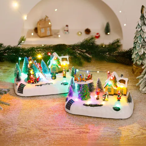 European Vintage Christmas Glowing Music Box Rotating Train LED Light Snow Scene Santa Claus Resin Ornament Home Holiday Gift