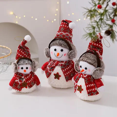 Linda Muñeca de Peluche de Muñeco de Nieva de Navidad Decoración de Mesa Gorro y Bufanda de Punto Figura Para Decoración de Fiesta Hogar Regalo