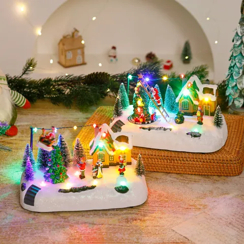 European Vintage Christmas Glowing Music Box Rotating Train LED Light Snow Scene Santa Claus Resin Ornament Home Holiday Gift