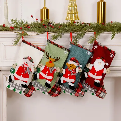 Grote Kerstsok Cadeautas Polyester Linnen Textuur Kerstman Sneeuwpop Rendier Beer Kerstboom Hangende Decoratie