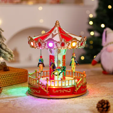 Kerst Carrousel Muziekdoos met LED Verlichting en Draaiende Functie Europese Vintage Tafeldecoratie Feestelijk Cadeau