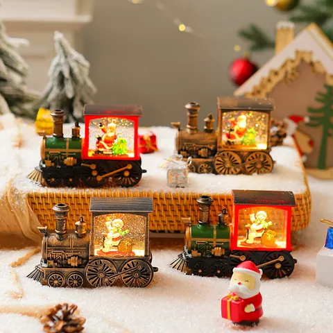 Retro Christmas Train Snow Globe LED Night Light Water Filled Glitter Santa Snowman Train Ornament For Holiday Decor Gift