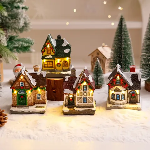 Luminous Christmas Resin House Ornament LED Warm Light Snow Covered Miniature House For Holiday Village Table Decoration