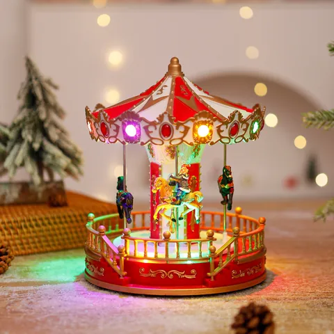 Christmas Carousel Music Box with LED Lights and Rotating Function European Vintage Desktop Ornament Festive Gift
